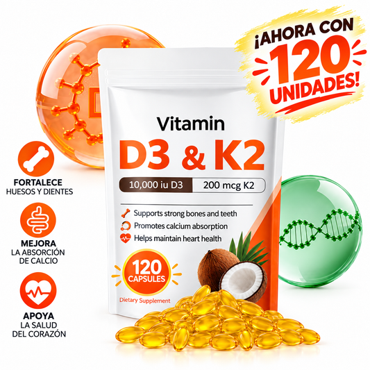 120 Unidades de Cápsulas de Gel Suave de Vitamina D3 10000 UI y K2 200mcg para Adultos con Aceite de Coco